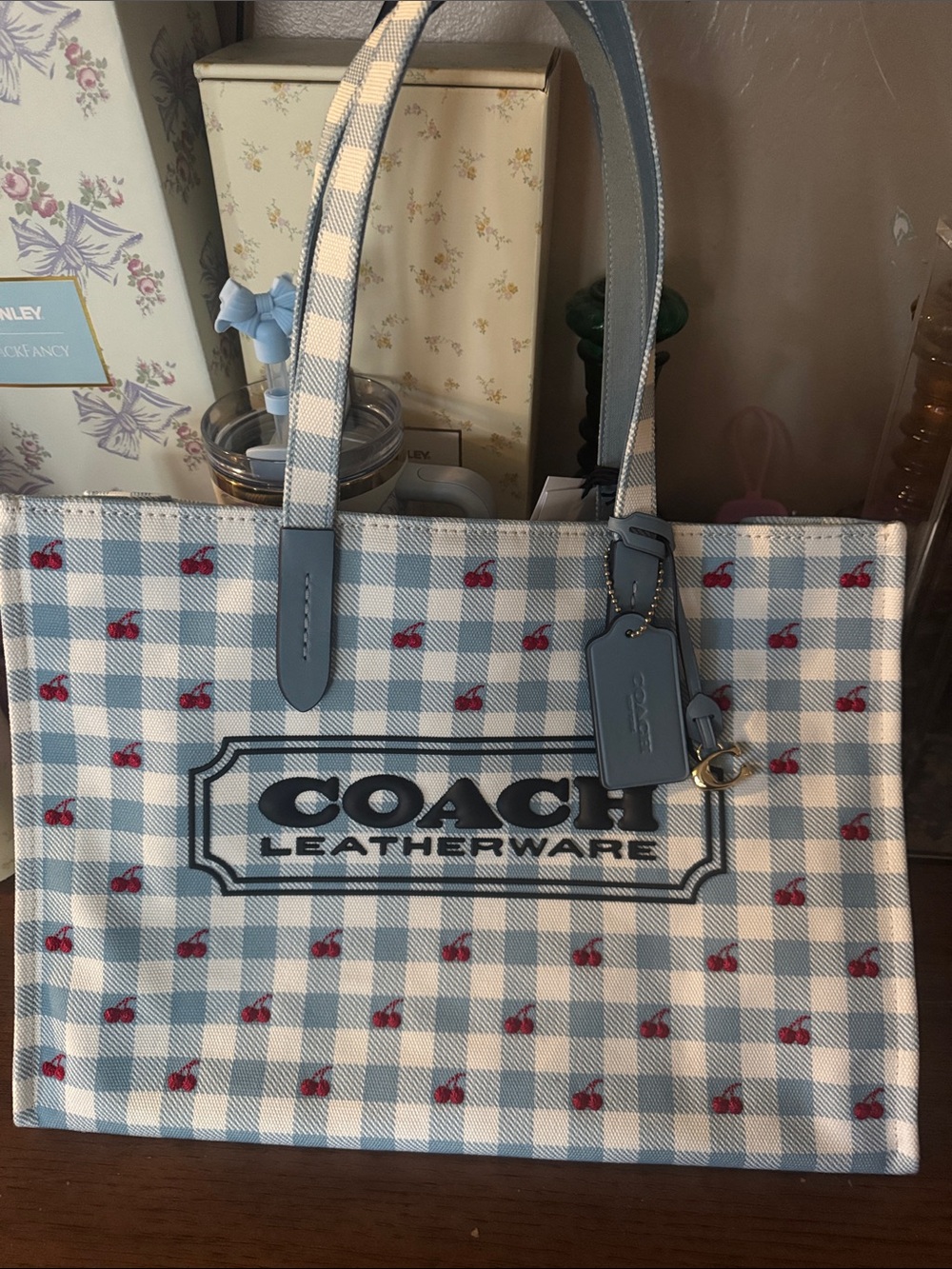 Coach Blue & White Gingham Tote with Red Cherry Accents BRAND NEW NEVER USED - Picture 5 of 16